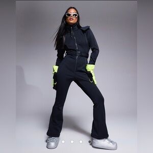 ASOS petit belted ski suit with slim kick legs and faux fur hood (0P, Black)